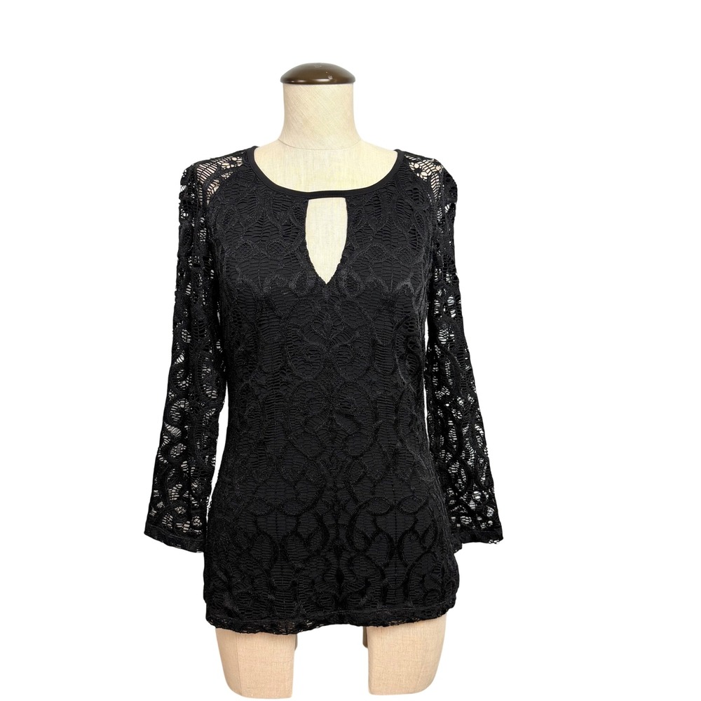 Cache Womens Black Lace Keyhole Neck Long Sleeve Blouse Top Small Romantic